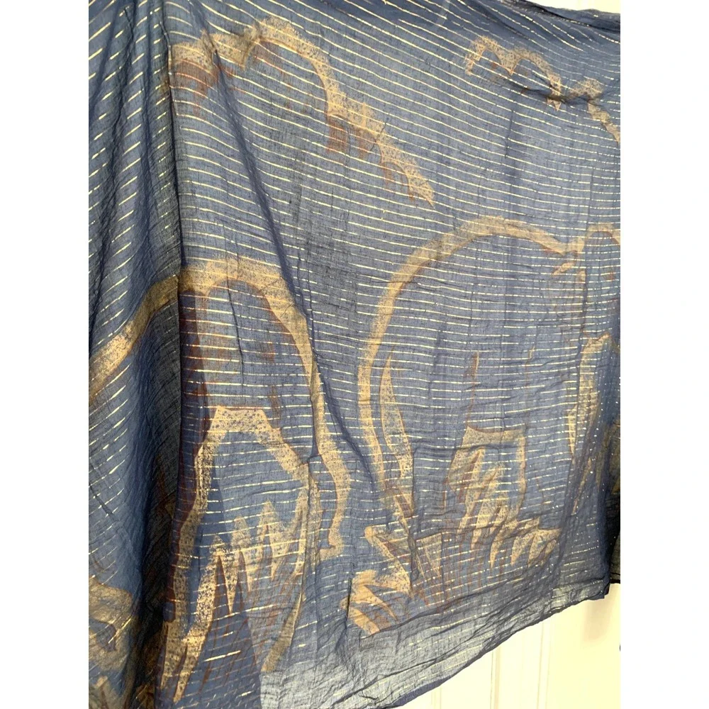 Navy Blue 100% Cotton Scarf Gold Elephant Print 44x68 Sheer Boho Wrap